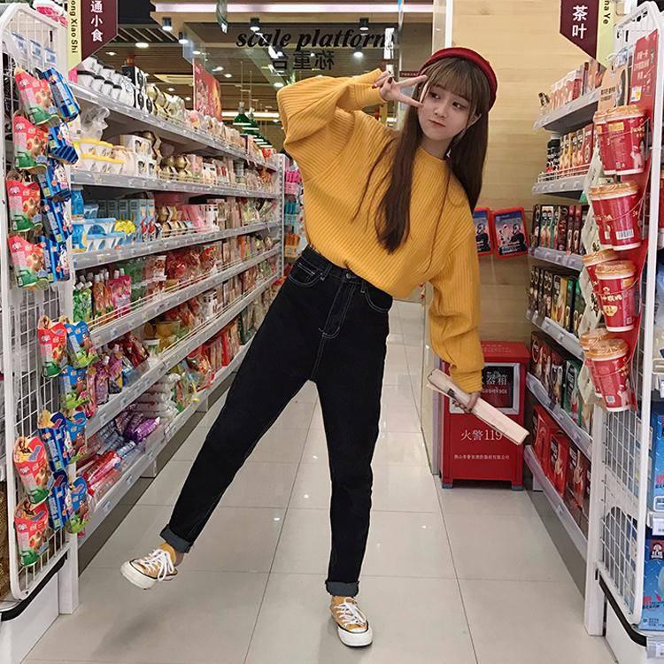 PofuLove Winter Ms. Sweater Schoolgirl Short Turtleneck Loose Pullover Long Sleeve Sweater Top Women