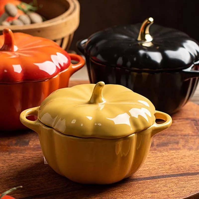 Nordic Creative Cute Pumpkin Soup with Coven Bowl Ceramic Rice Bowl Baking Tableware Dessert Soup Bowl Sprinkler Stew