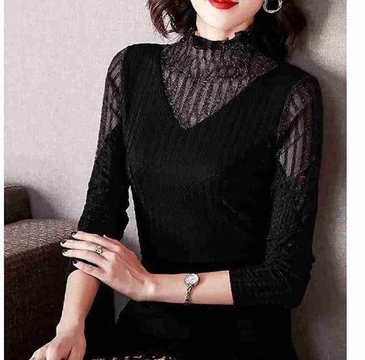 Autumn and Winter Plus Velvet Half-high Collar Lady Sweater Elegant Temperament Knitted Sweater All-match Lace Slim Casual Shirt