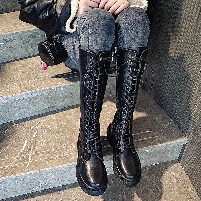 Women's British Style Lace-up Thick-soled Boots Women's Thick-heeled Martin Boots  No More Than Knee-length