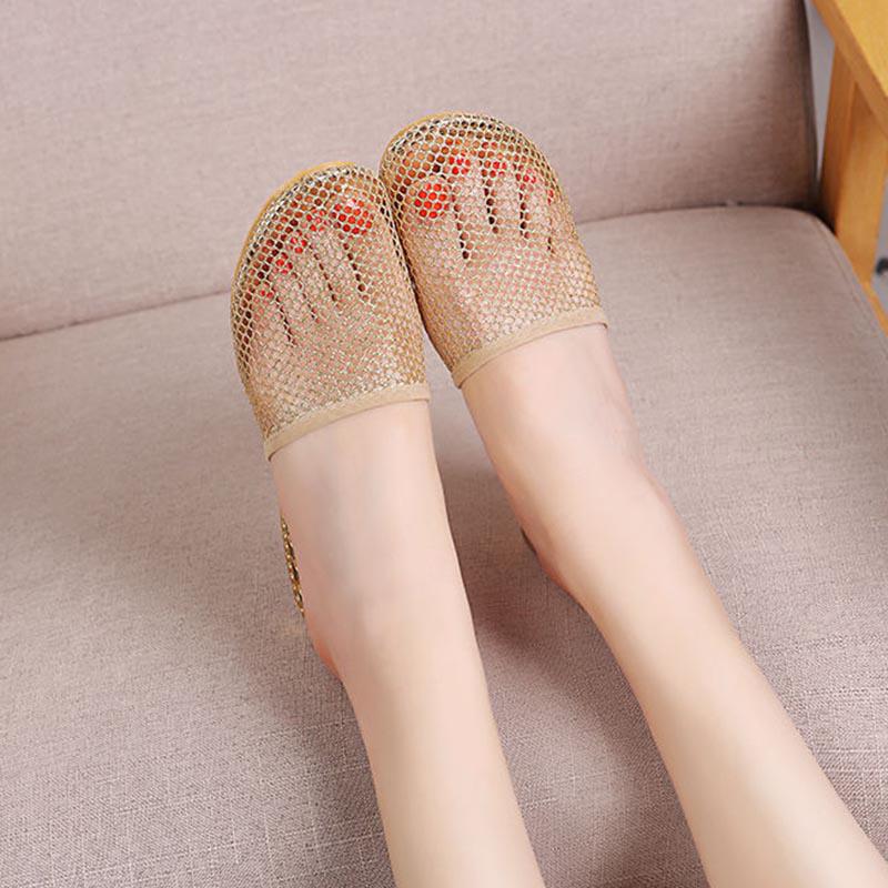 Size 35-42 Women All-match Shiny Slippers Outdoor Diamond High Heels Bohemian Beach Wear-resistant Non-slip Office Lady Lace Mesh Sandals
