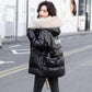 Women's Glossy Loose Down Jacket Mid-length Korean Thick Coat Warm Cotton Coat with Big Fur Collar Winter Quilted Jacket