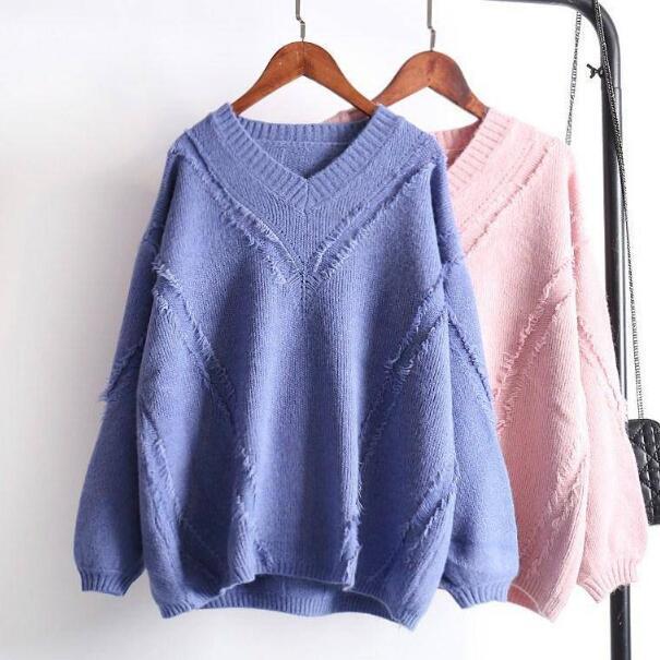 Spring and Autumn Loose Fashion Blouse Student V-neck Knitted Pullover Sweater Women