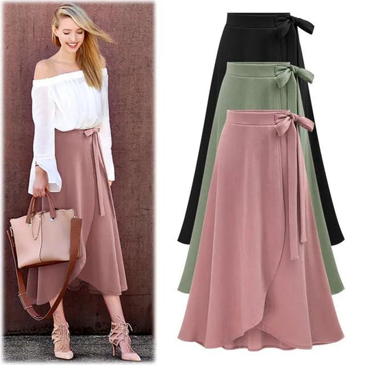 Bow Tie Irregular Large Hem Skirt Women's Large Size High Waist Slit Skirt Solid Color Slim A-line Skirt
