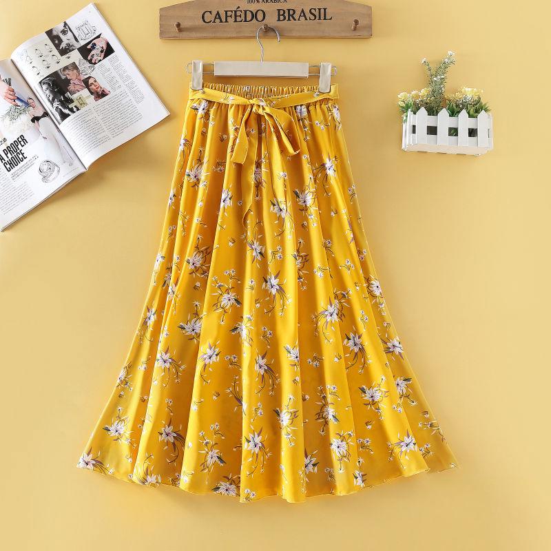 Summer Floral Printed Chiffon Women's Skirt High Waist A-line Long Skirts Female Casual Lady Skirt