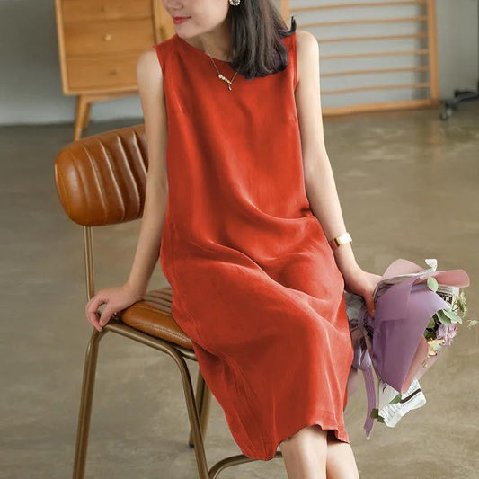 Women's Short Sleeve Dress Summer Loose Large Size Mid Length Round Neck Solid Color Skirt