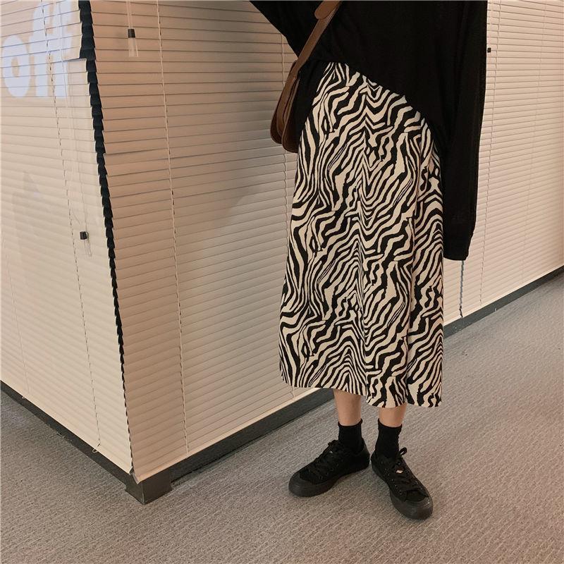 Retro Zebra Patter Skirt Female Spring and Autumn All-match Temperament High Waist Split A-line Skirt Mid-length