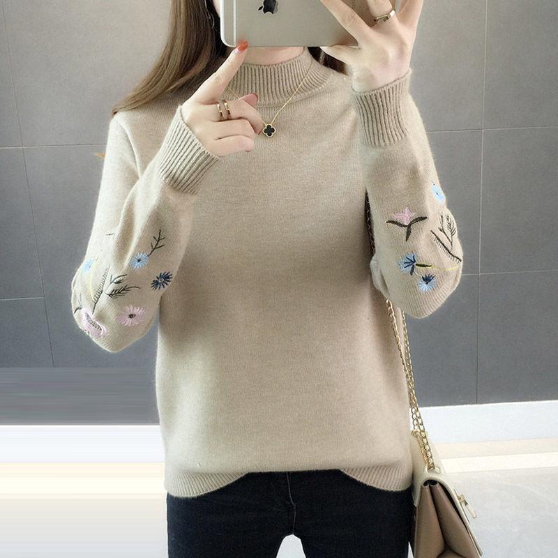 Women pullover Knitted Sleeve Turtleneck Lady yellow Embroidered  Sweaters Top  Loose  Sweater coat