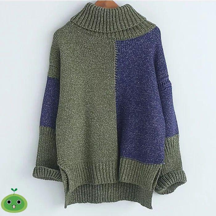Pofulove 3 Colors Warm Short Section Hit Color TurtleNeck Loose Knitted Blouse Thicken Sweaters