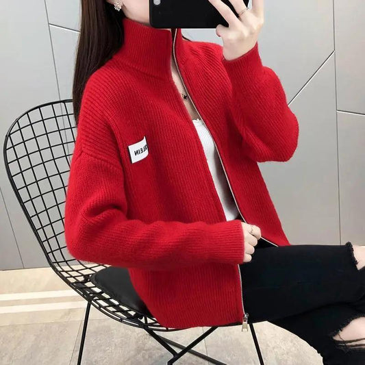 Stand Collar Women's Cardigan Sweater Short Jacket Knit Top Spring Autumn Solid Color Loose Sweater Outer Wear