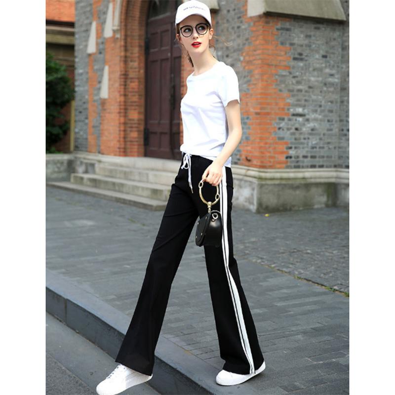 Spring and Autumn Sports Pants Women's Solid Color Drawstring Striped Long Pants Straight-leg Pants Are Thin Side White Edge Women's Pants Students