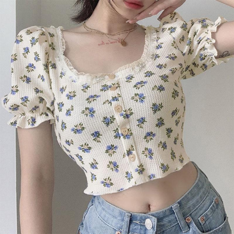 French Pastoral Style Floral T-shirt Women's Square Collar Puff Sleeves Short Slim Bottoming Short-sleeved Top Summer