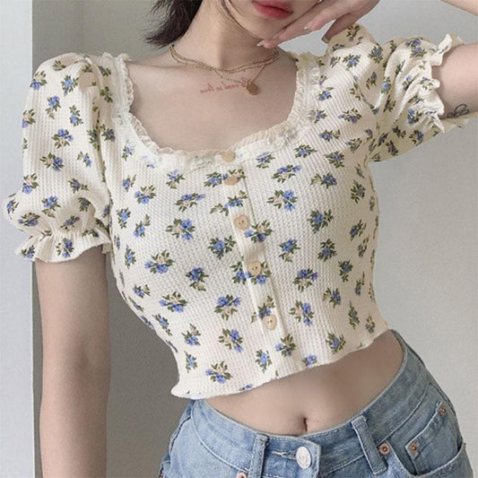 French Pastoral Style Floral T-shirt Women's Square Collar Puff Sleeves Short Slim Bottoming Short-sleeved Top Summer