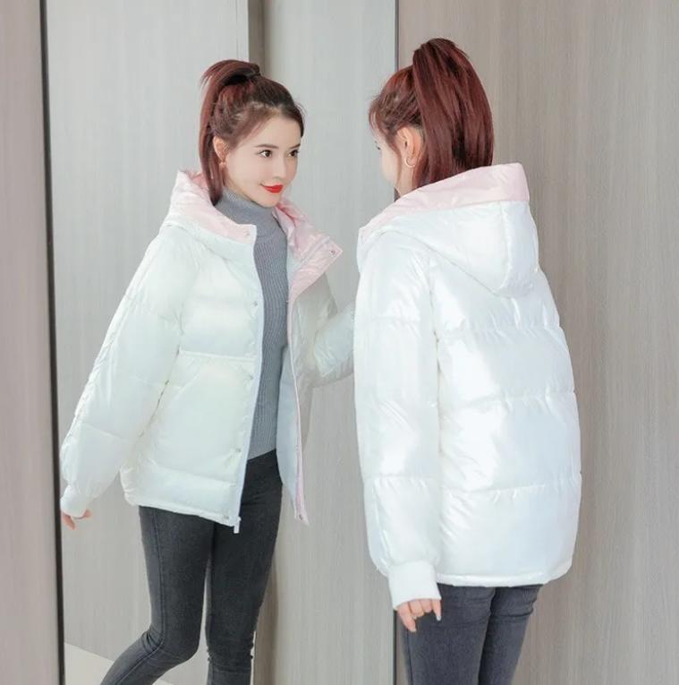 Women's Bright Short Down Jacket Winter Korean Loose Quilted Jacket Casual Stand-up Collar Hooded Down Jacket Quilted Jacket