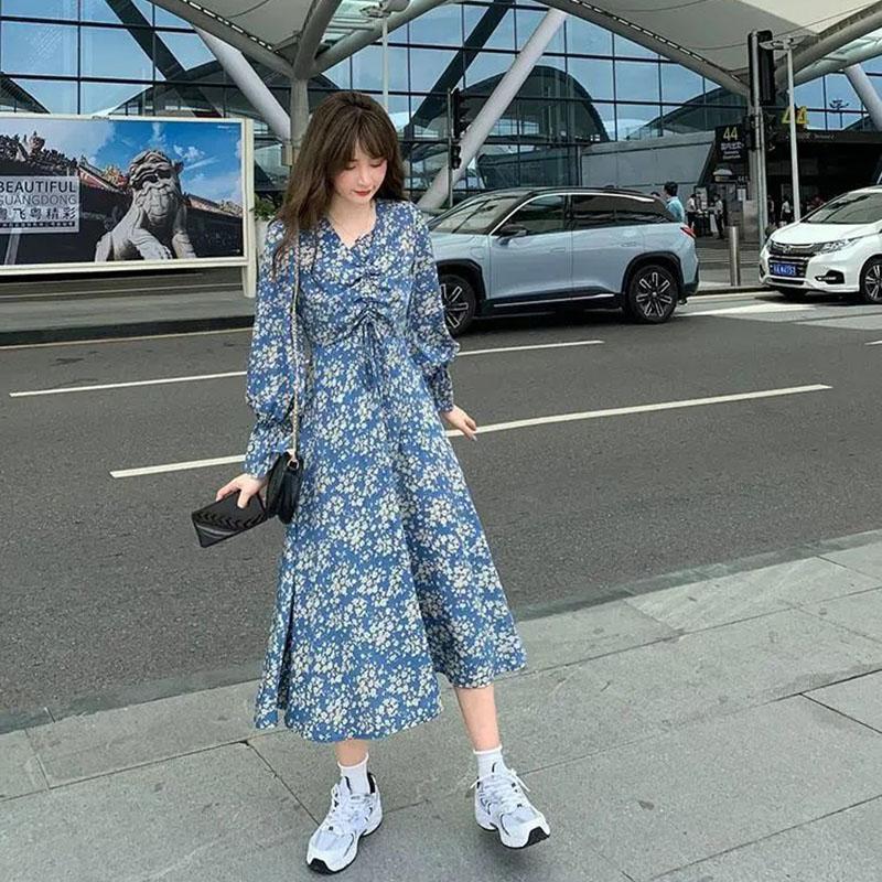 Spring Japanese First Love Skirt V-neck Floral Dress Female Slim Waist Temperament Knee-length Skirt