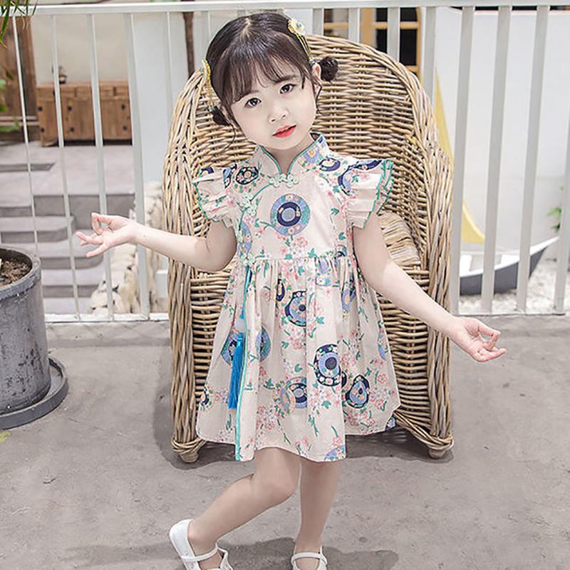 Girls Cheongsam Skirt Summer Dress Baby Girl Summer Style Hanfu Tang Suit Children Foreign Style Flying Sleeve Dress