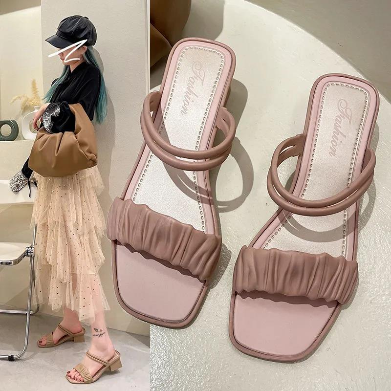 Women's Summer Sandals High Heels Solid Color All-match Non-slip Wear-resistant Shoes