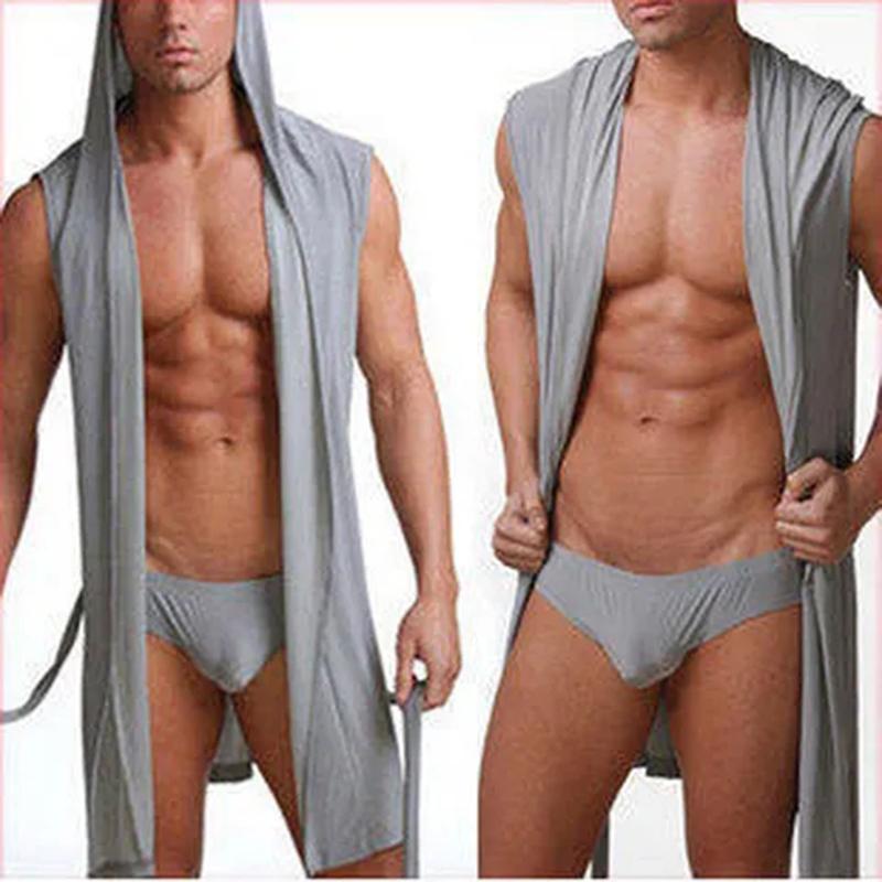 European Version Men's Bathrobe Men's Sleeveless Silky Pajamas Men's Hooded Nightgown Bathrobe Men's Ultra-thin Homewear