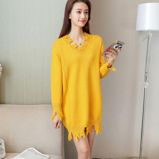 Autumn  Winter Women's Mid-length Sweater Ripped Tassel Sweater Casual Loose Knit Sweater Dress Outer Wear