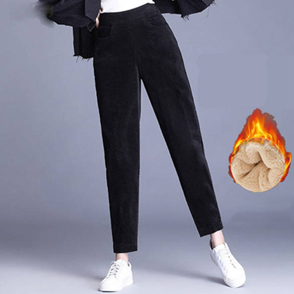 Women Fashion Winter Thicken Plush Corduroy Casual Pants Warm High Waist Trousers