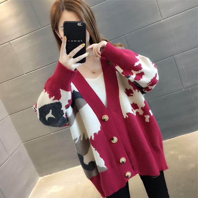 Autumn and Winter Thick Wool Sweater Women's Color Matching Button Cardigan Loose Long-sleeved Coat