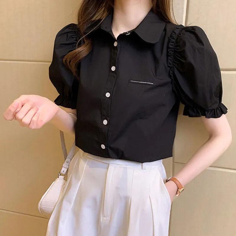 Summer Short Sleeve Women's Solid Color Puff Sleeve Polo Collar Shirt