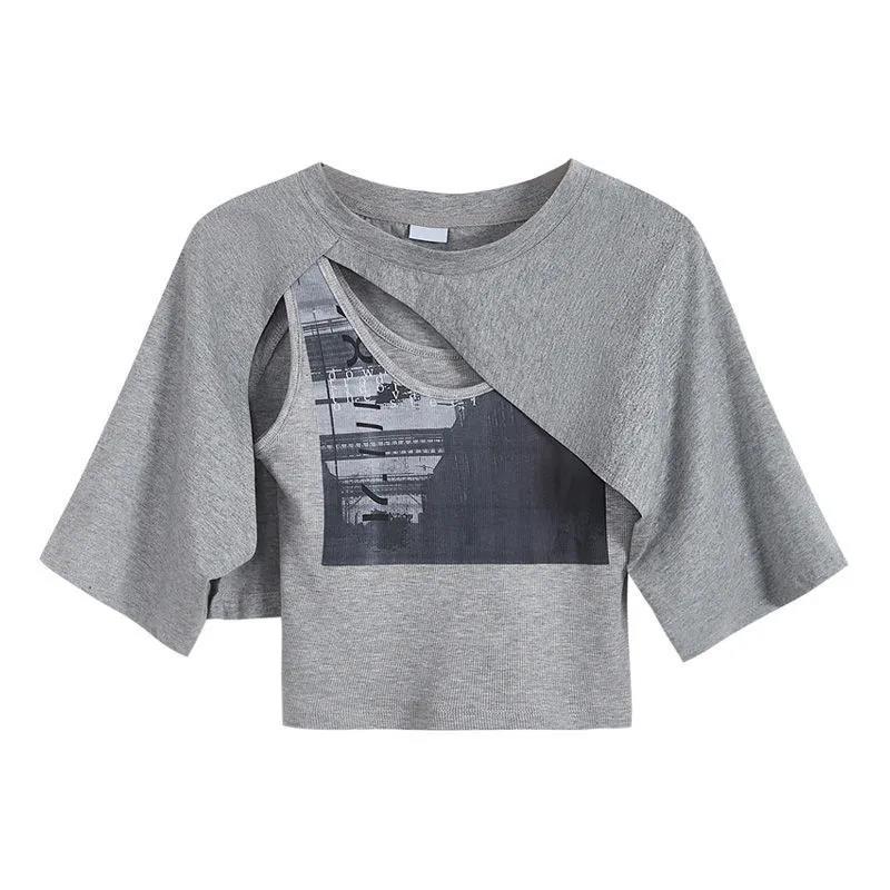 Gray Short-sleeved Irregular T-shirt Women's Short Umbilical Short Chic Top Two-piece Female Summer