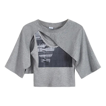 Gray Short-sleeved Irregular T-shirt Women's Short Umbilical Short Chic Top Two-piece Female Summer