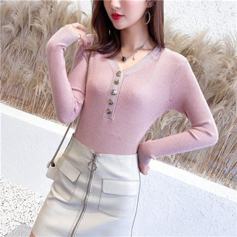 Autumn and Winter V-neck Knitted Bottoming Shirt, Short Long-sleeved Inner Sweater, Fashionable and Simple Female Top