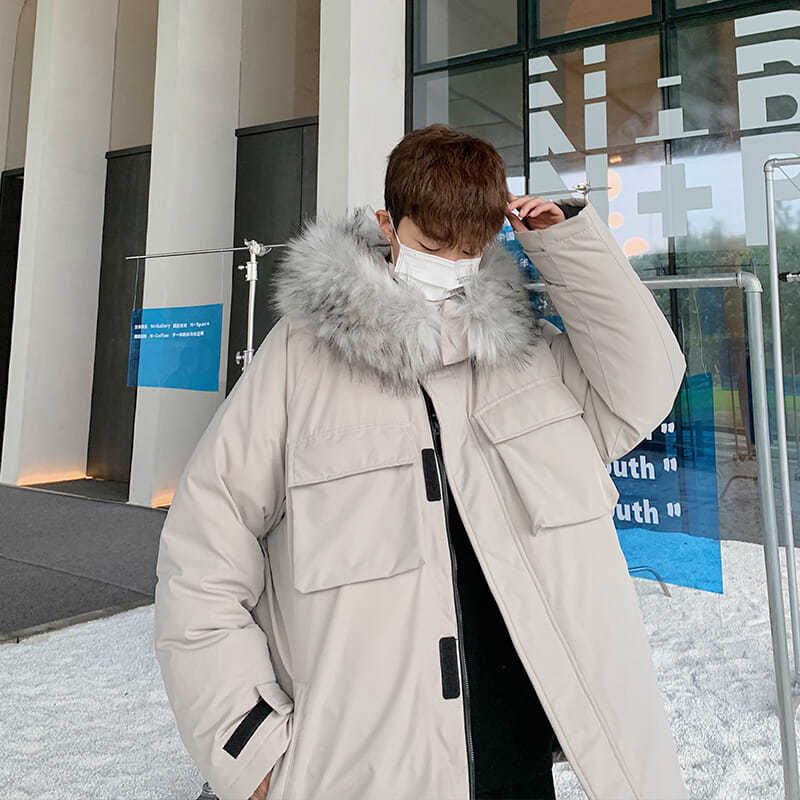 Winter Hong Kong Style Mid-length White Duck Down Jacket Men's Korean Version of The Trend Loose Casual Hooded Fur Collar Ins Jacket