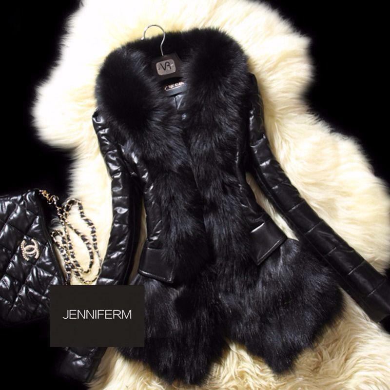Autumn and Winter Faux Fur Coat Short Women Plus Cotton Thick Leather Coat with Faux Fox Fur Collar Female Black Leather Coat