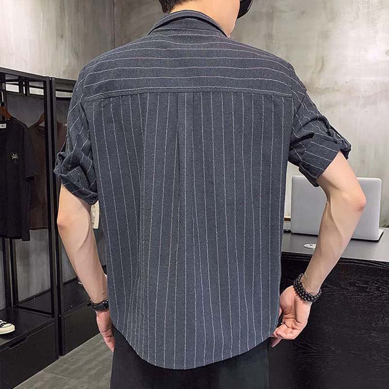 Men's Casual Handsome Mature Men's Striped Shirt and Solid Color Casual Pants Two-piece Suit