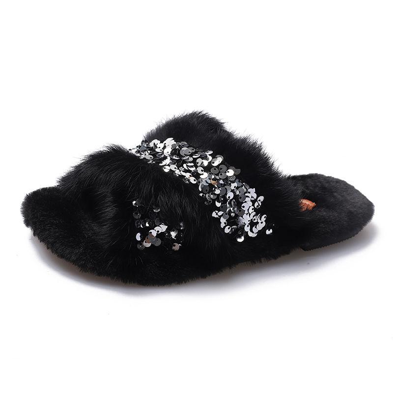 Ladies Cotton Slippers Shiny Flat Shoes Autumn and Winter Warmth Fluffy Casual Fashion