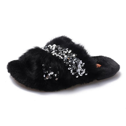 Ladies Cotton Slippers Shiny Flat Shoes Autumn and Winter Warmth Fluffy Casual Fashion