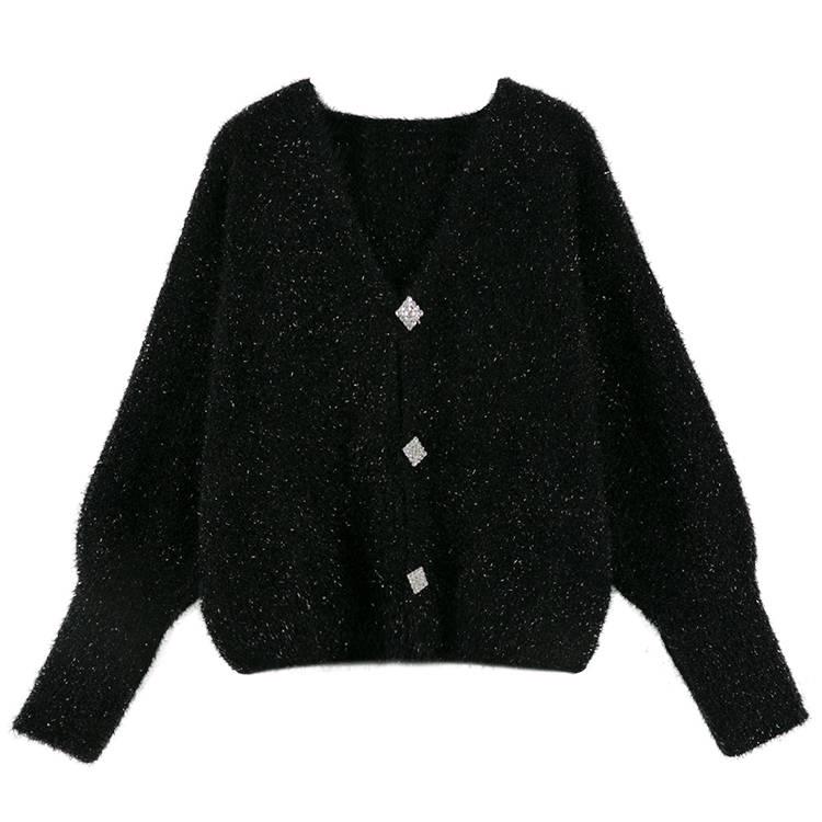Women Bright Silk Cardigan Jacket Short Loose Lantern Sleeve Sweater Plus Size