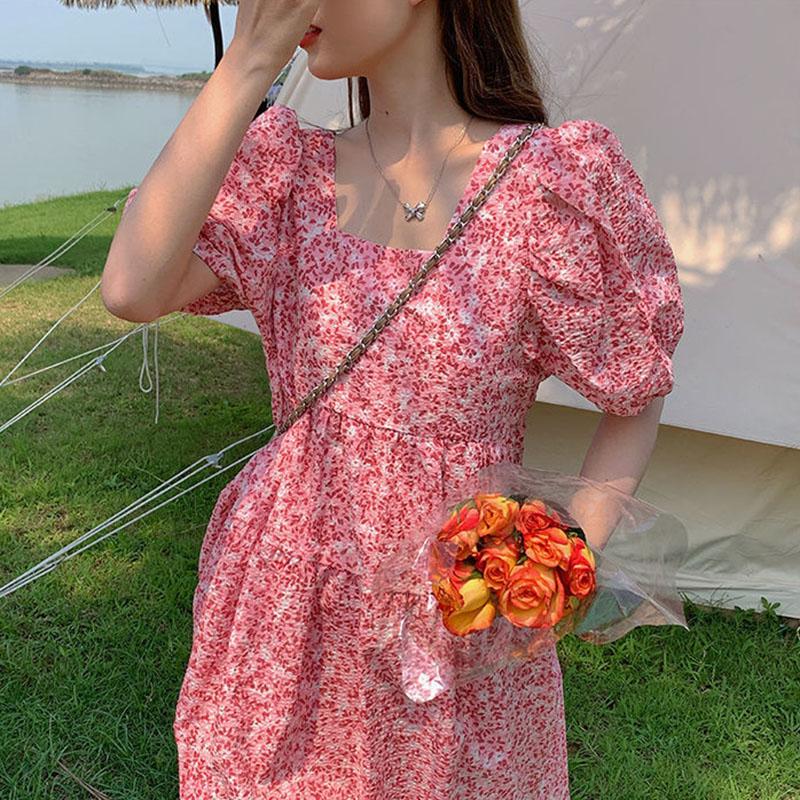 Women's Summer Dress Round Neck Floral Puff Sleeve Loose Skirt