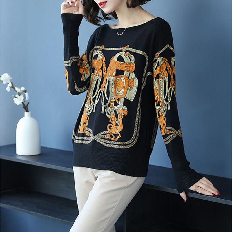 Women's Boat Neck Cashmere Sweater Short Loose Pullover Plus Size Printed Cardigan Ethnic Style Wool Knit Jumper