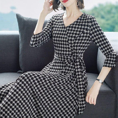 Plaid Printed Skirt Spring Summer Casual All-match Long Skirt V-neck Three-quarter Sleeves Waist Thin A-line Dress