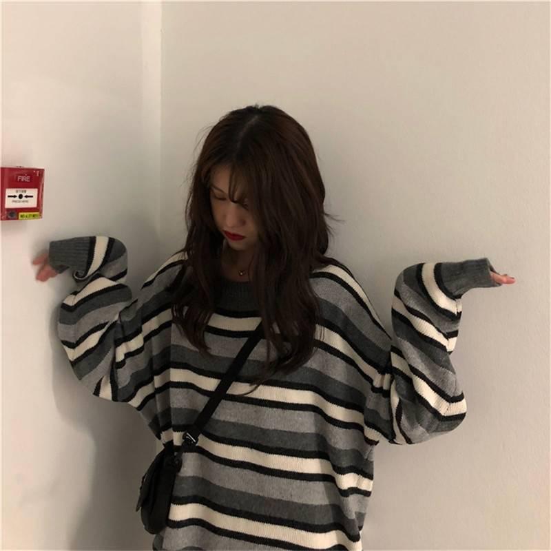 Pofulove Long Contrast Color Striped Sweet Pullover Sweater Sweater Women Sweater Autumn and Winter