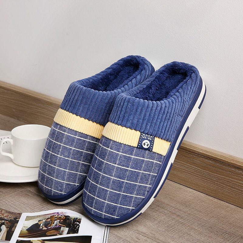 Winter Cotton Slippers Men's Plaid Non-slip Warm Thickened Plush Slippers for Home Use