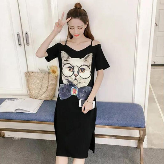 Summer Women's Strapless Sling Dress Women's Loose Mid-length Short Sleeve T-shirt Skirt Casual Comfortable Fabric Soft Women's Straight Dress