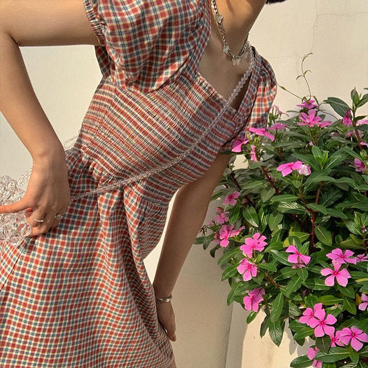 Female Backless Lattice Vintage Holiday Dress Slim Puff Sleeve Graceful Party Short High Waist Dress