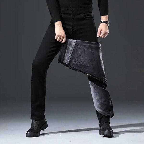Men's Autumn and Winter Fleece Padded Black Trousers Large Size Straight Elastic Black Jeans for Business Men