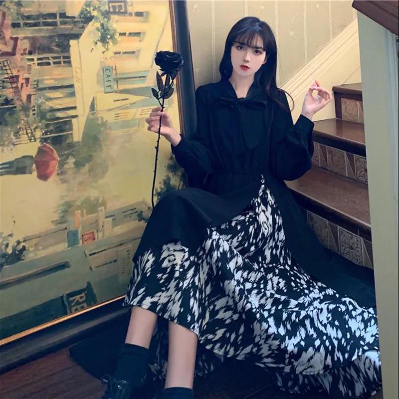 Women Sexy Floral Black Dresses Long Sleeve Dress with Irregular Stitching Spring and Autumn Dress