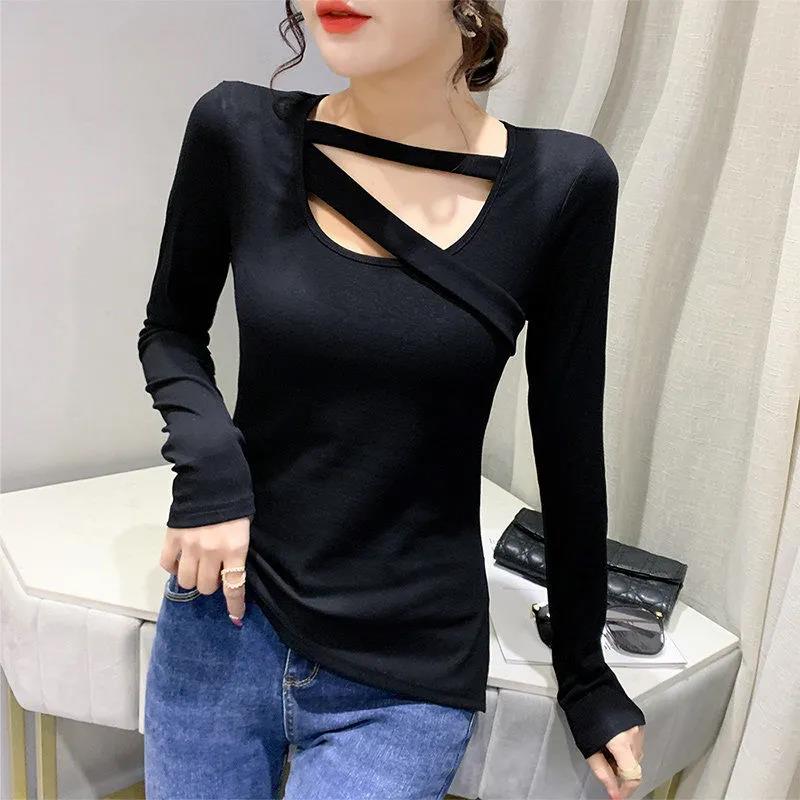 Women's Cotton Irregular Top Bottoming Shirt Spring and Autumn Split Long-sleeved T-shirt