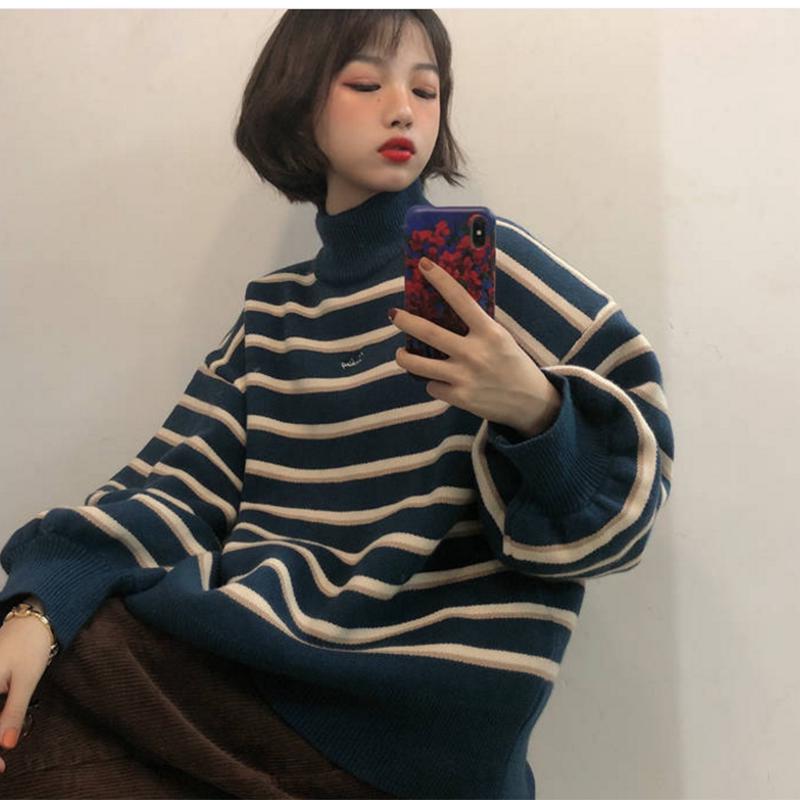 Striped knit jacket coat Thick color-matching turtleneck female student lazy wind loose pullover