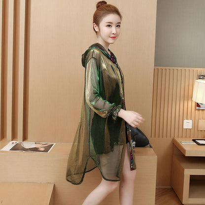 Hooded Shining Cardigan Women's Sun Protection Plus Size Loose Outer Thin Beach Coat Cardigan