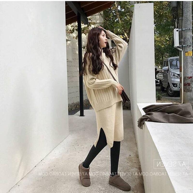 Two-piece Vest Dresses and Sweaters Girl's Winter Long Pullover Female Slim Thick Warm Sweater
