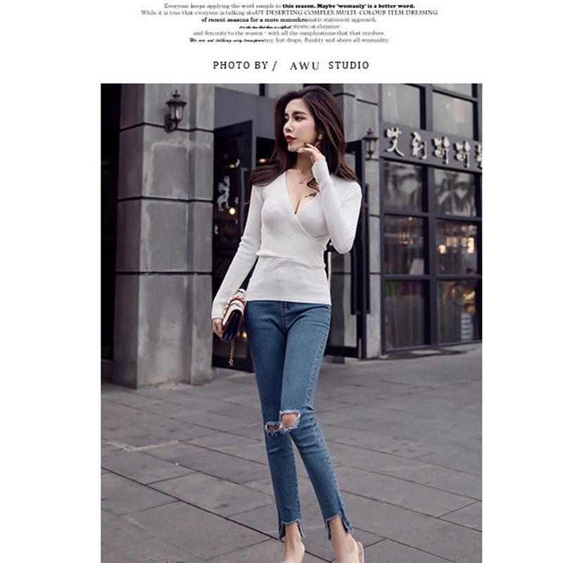 Autumn and Winter Sexy Low-cut Bottoming Shirt Knitted V-neck Tight Sweater Long-sleeved Solid Color Female Top
