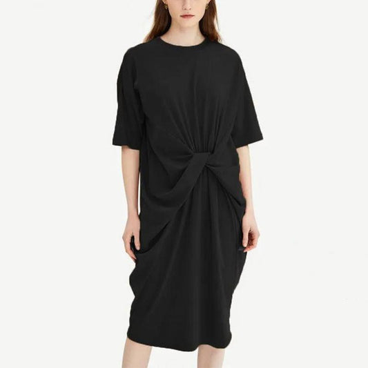 New Spring and Summer Women's Fashion Casual Twist Round Neck Loose Large Waist Dress